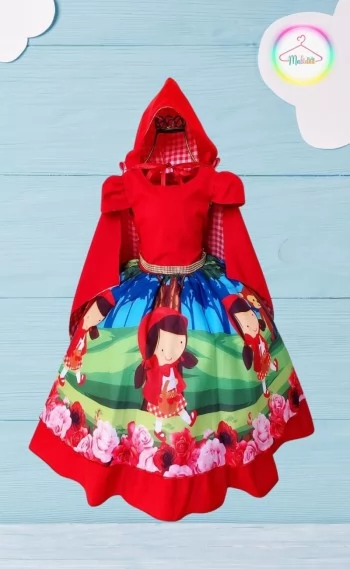Vestido Luxinho Princesas Chapeuzinho Vermelho  Floral com Capuz